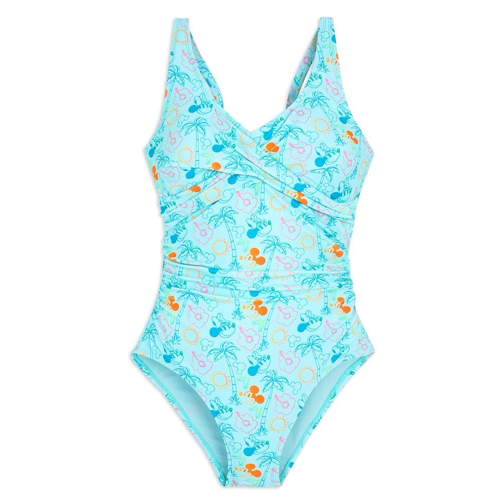 NWT Disney Women’s Plus Resort Swimsuit, Aqua Tropical Mickey & Minnie Print
